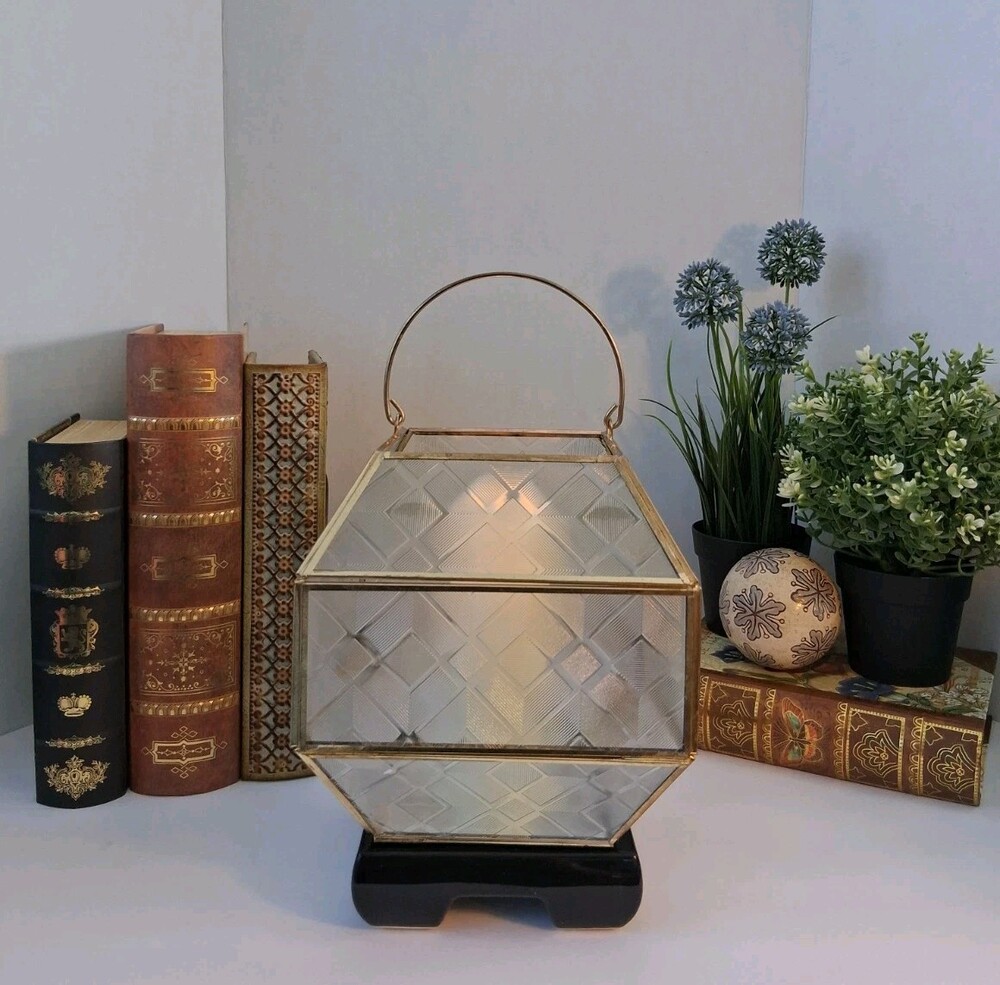 Martha Stewart Gold Geometric Glass Lantern with Brass Accents & LED Candle